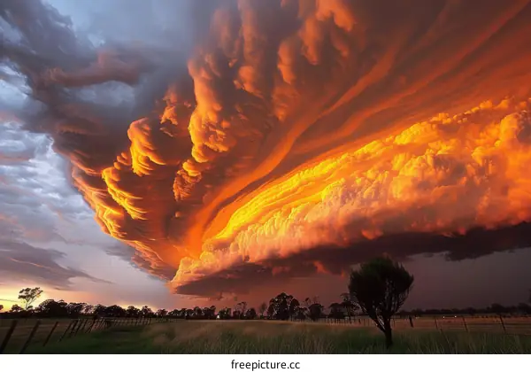 Shelf cloud lit up by the setting sun