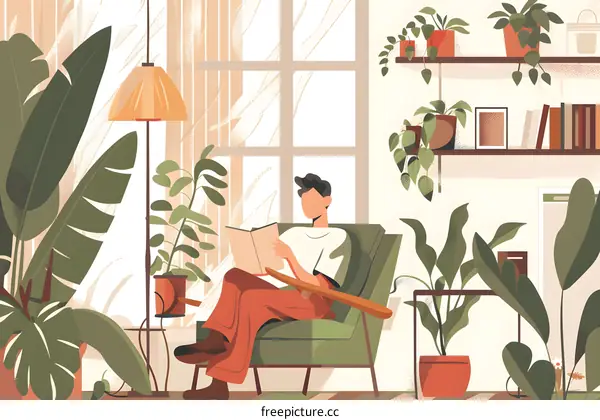 Man Reading Book in a Cozy Living Room with Plants