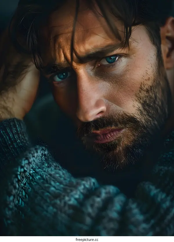 Portrait of a handsome bearded man with blue eyes