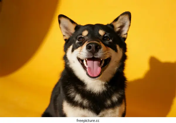 Happy Shiba Inu dog with open mouth on yellow background
