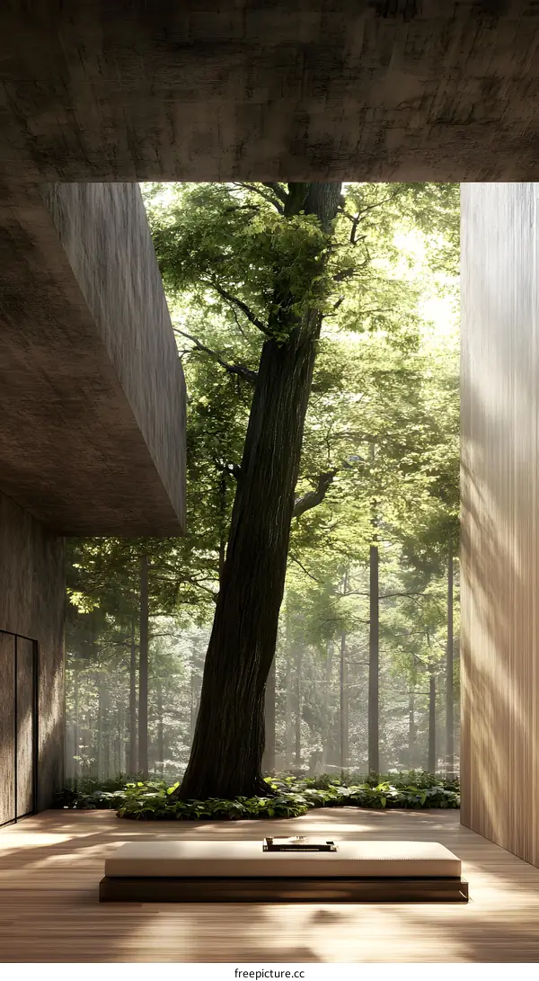 Minimalist Interior Design with a Large Window View of a Forest