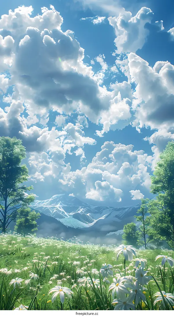 Blue sky, white clouds, green mountains and grassland