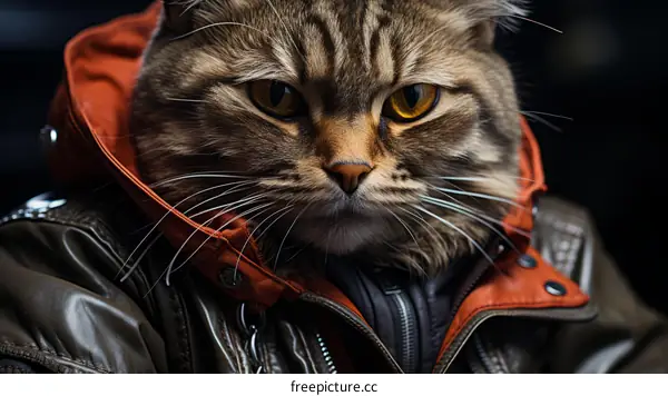 A ginger cat wearing a brown leather jacket with an orange lining