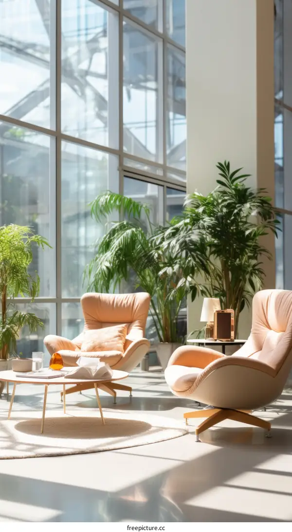 Two armchairs in a sunlit room with potted plants