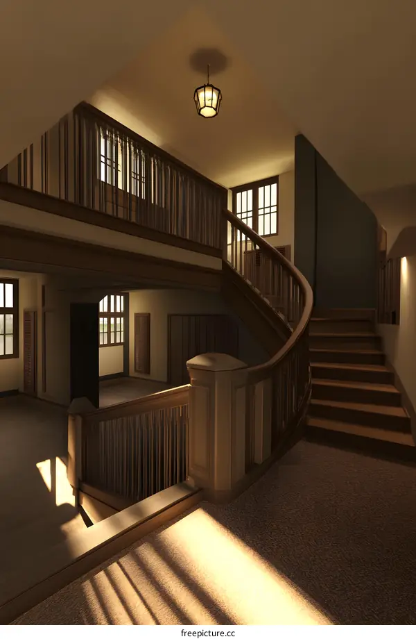 Modern Interior Design with Wooden Staircase and Light Coming Through Windows