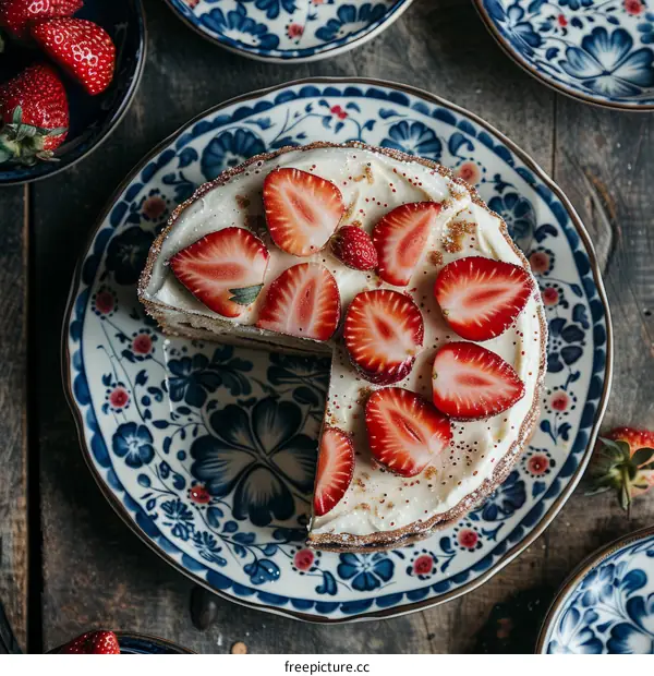 A cake decorated with strawberries on a blue and white patterned plate