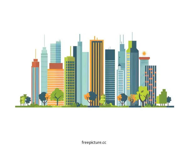 Modern City Skyline with Trees Flat Illustration