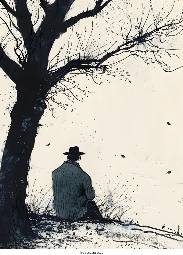 Man Sitting Under Tree with Hat, Illustration