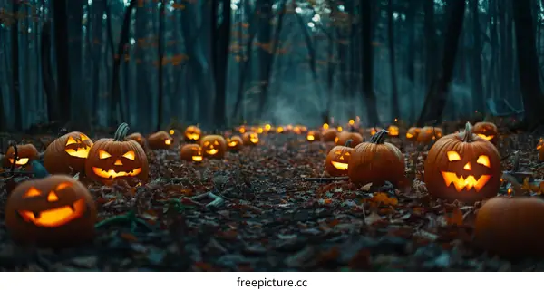 Spooky Halloween Pumpkins in a Dark Forest