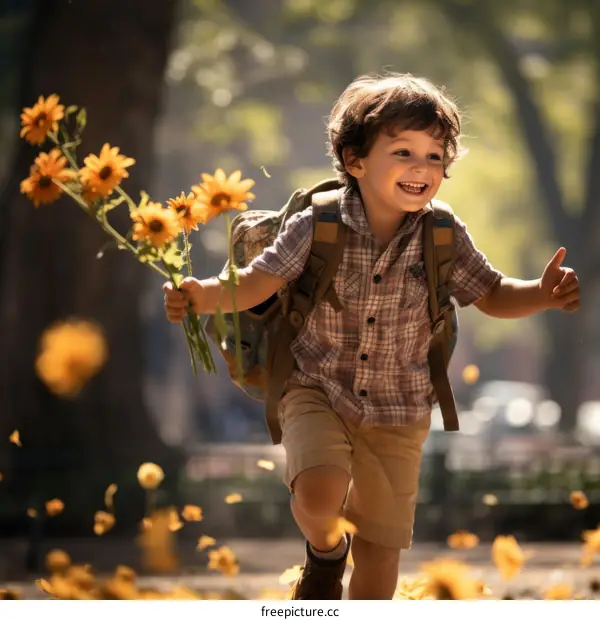Little boy running in a park on a sunny day