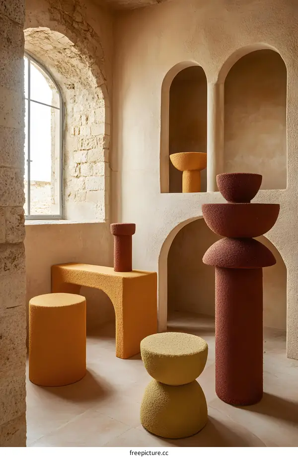 Modern Abstract Furniture in Interior Design with Archways and Stone Walls