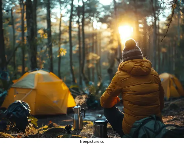 woman in yellow jacket sitting on rock in front of tent in forest