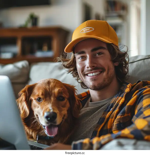 A smiling man and his dog sitting on a couch and looking at a laptop