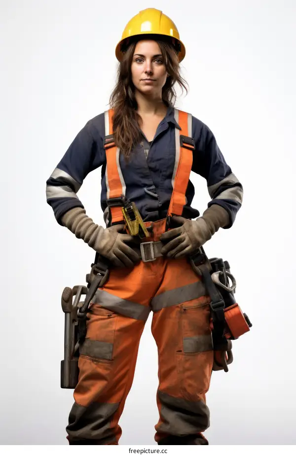 Portrait of a female industrial worker wearing a hard hat and safety gear