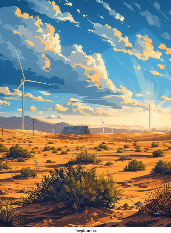 Desert Wind Farm With Solar Panels