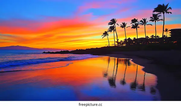Vibrant Sunset Beach Scene with Palm Trees