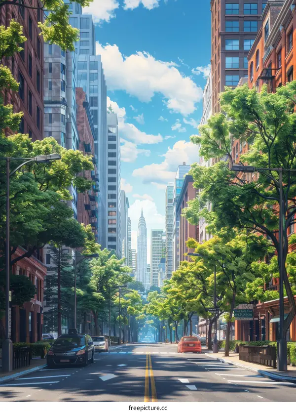 Urban Street with Lush Greenery and Towering Buildings
