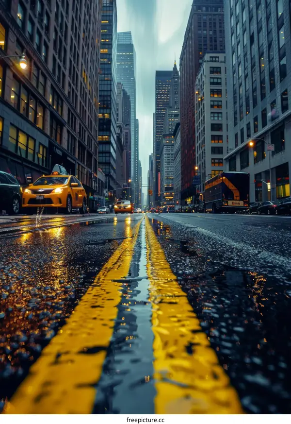 New York City Street with Taxis and Bus in Rain