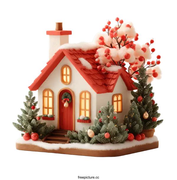[Transparent Background PNG]Christmas Miniature House Scene with Snowy Trees