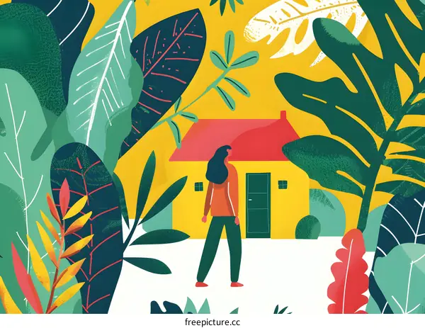 Woman Standing in Front of a Yellow House with a Red Roof Surrounded by Lush Green Foliage