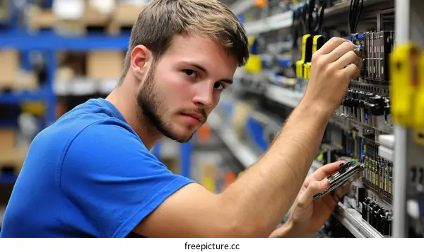 Young Caucasian Male Technician Working on Electrical Equipment