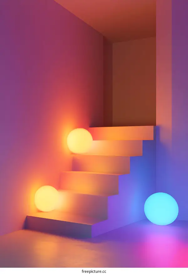 Abstract Minimalist Neon Gradient Staircase With Lights