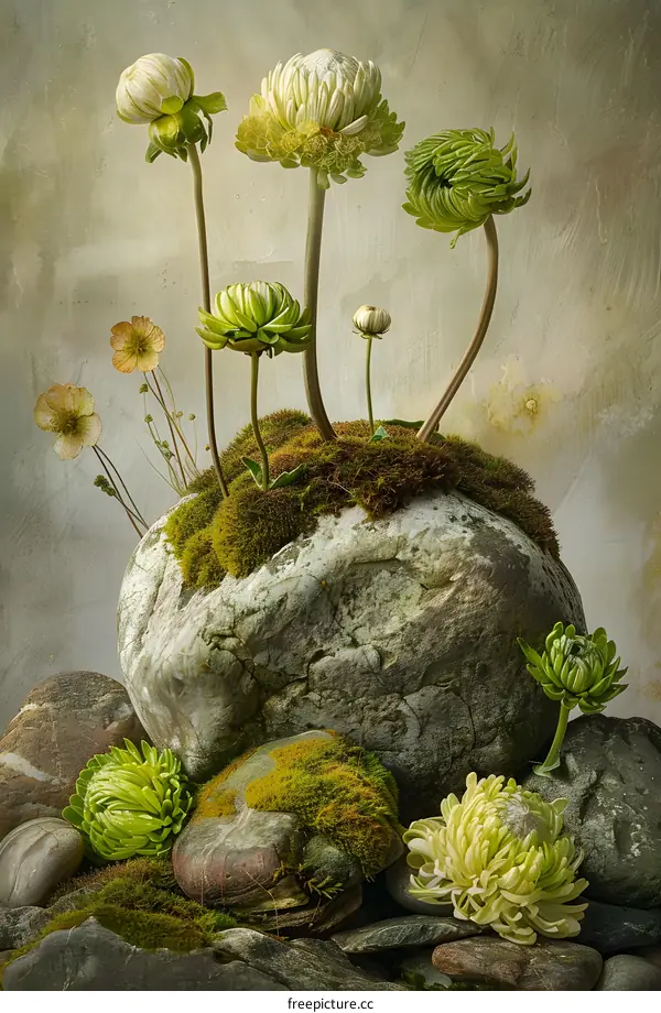 Green Flowers Arrangement On A Rock
