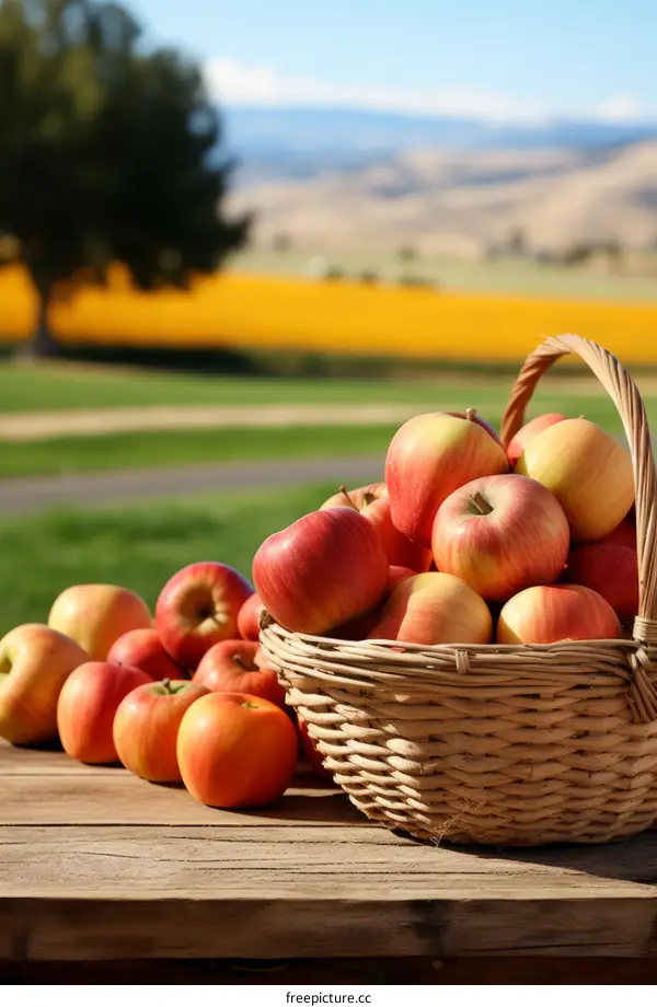 Red Apples in a Basket on a Wooden Table with a Field of Yellow Flowers