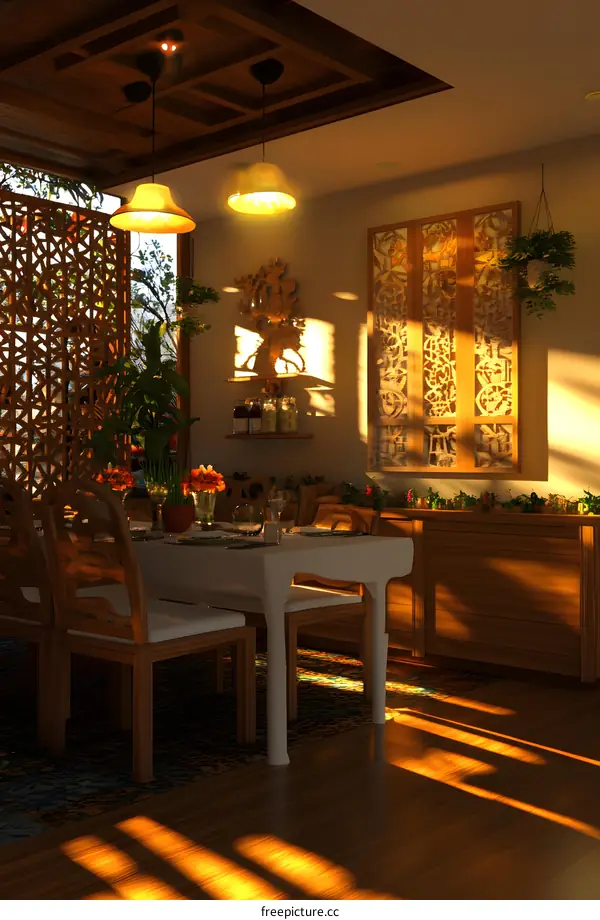 Interior Design of a Modern Dining Room with Wooden Furnishings