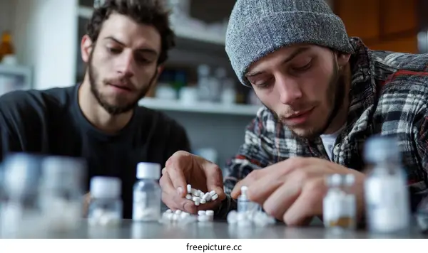 Two Caucasian Men Sorting Pills