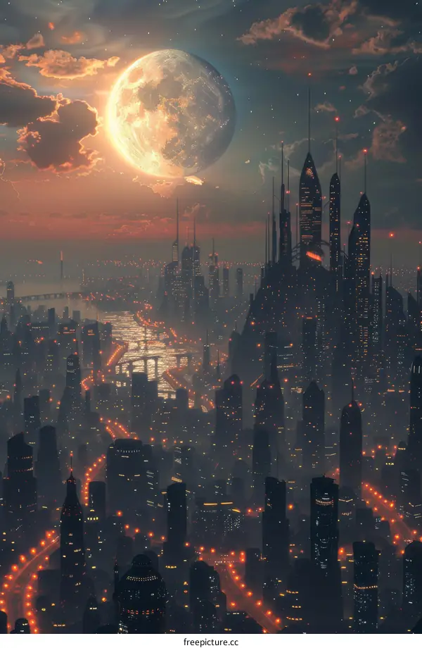 Futuristic Cityscape Night City Lights Buildings