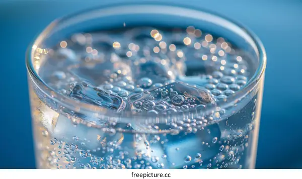 Close-up of a glass of sparkling water with ice cubes against a blue background
