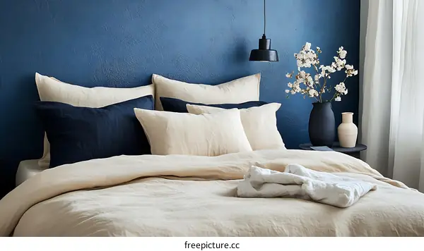 Cozy Beige Linen Bedding in a Blue Room