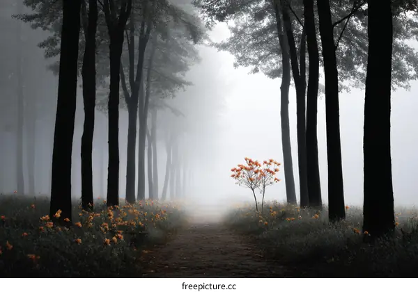 Misty Forest Path with Orange Blossom