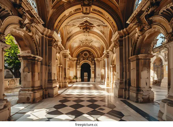 Ancient Arched Hallway With Checkered Floor