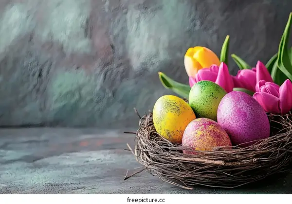 Colorful Easter Eggs in a Nest with Tulips