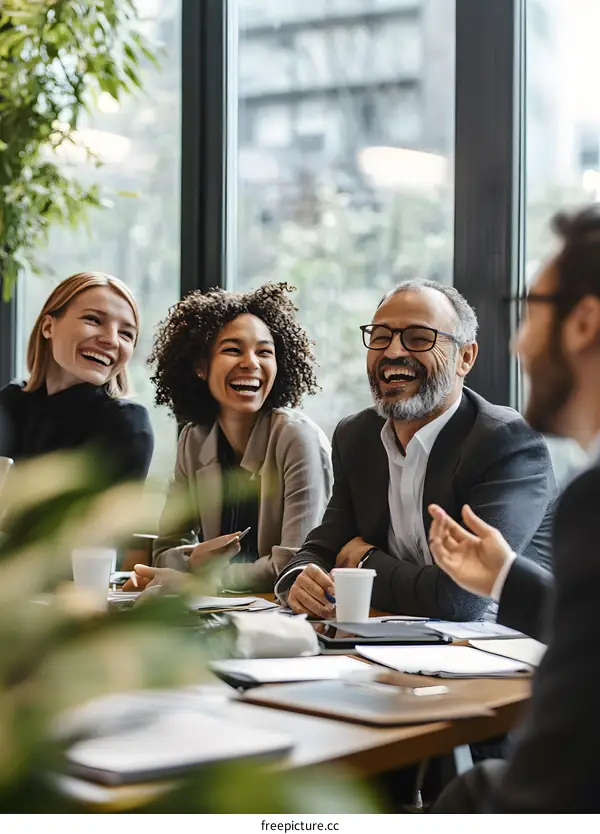 Diverse Team of Business Professionals Laughing During Meeting in Office