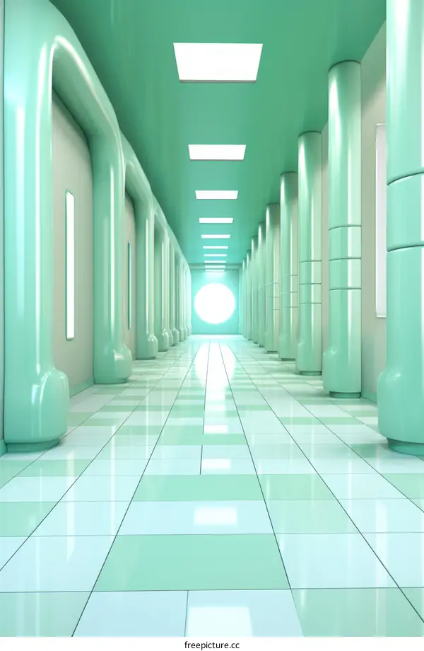 Futuristic Green and White Tiled Hallway