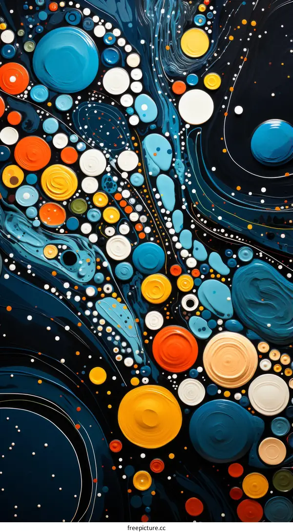 Colorful abstract painting with blue, orange, yellow, white and black
