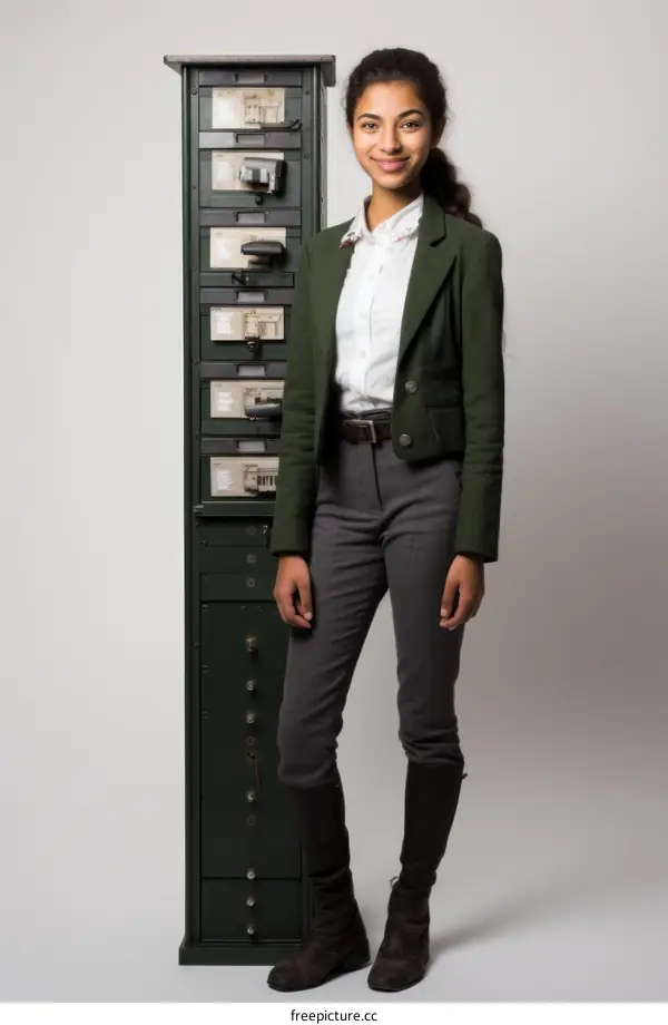 A young woman in a green suit stands next to a tall green cabinet.