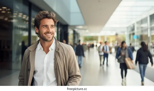 A young man is walking in a shopping mall.