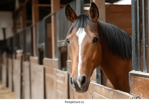 Brown Horse in Stable Looking Out