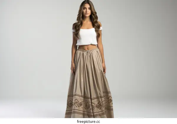 Young woman wearing a crop top and a long skirt