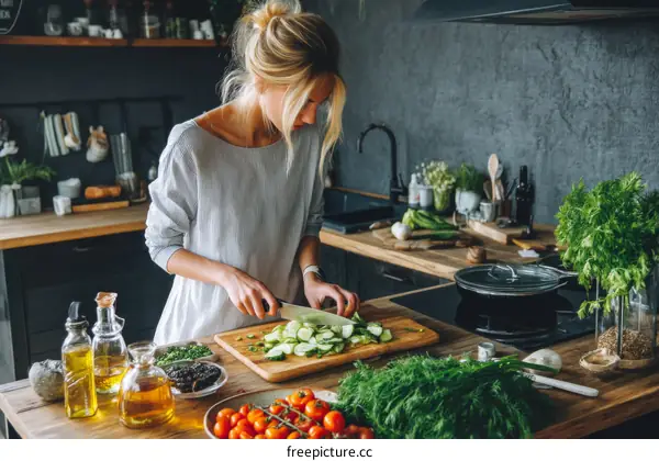 Woman Cooking in Modern Kitchen Preparing Vegetables