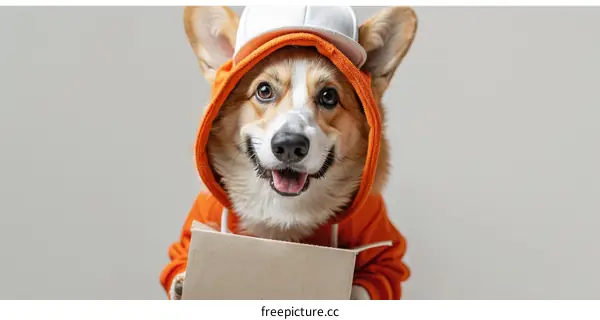 Cute Dog in Orange Hoodie Holding Cardboard Box