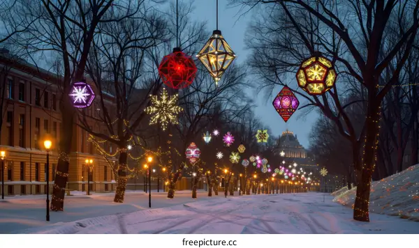 Illuminated winter park with hanging glowing geometric shapes