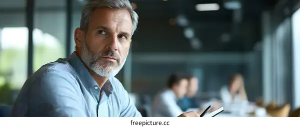 Thoughtful Caucasian Businessman Working at Desk