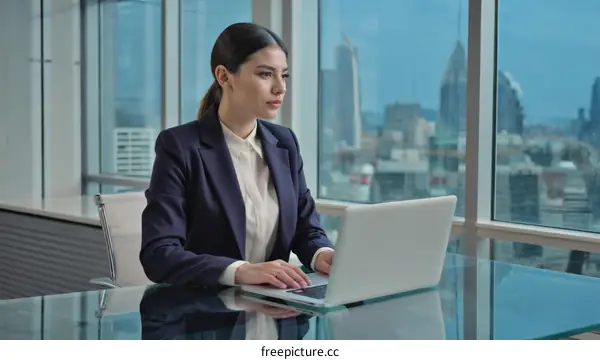 Business Woman Working on Laptop in Modern Office
