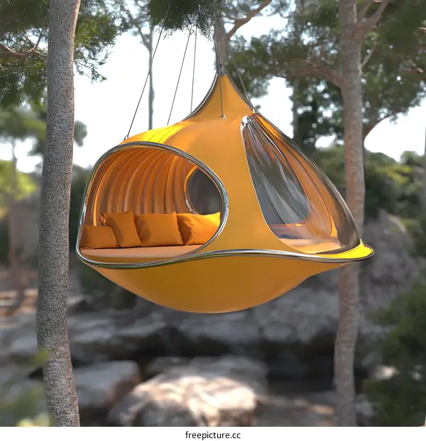 Yellow Hanging Pod Swing Bed for Relaxation in the Forest