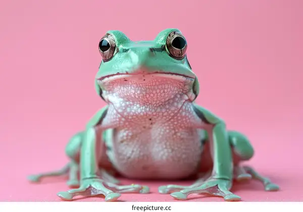 A green frog sits on a pink background